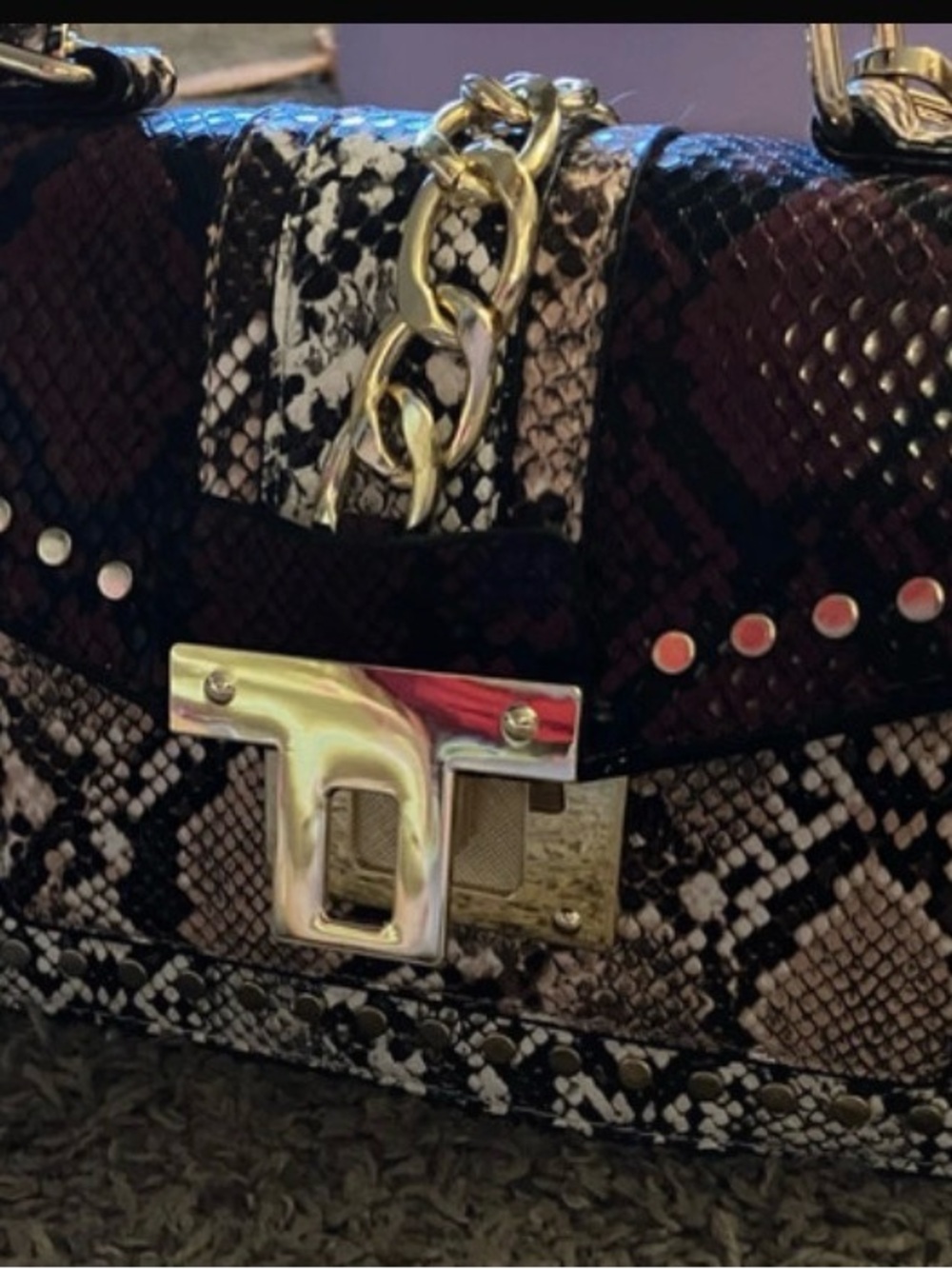 Snake Print Chain Shoulder Bag in Burgundy and Black